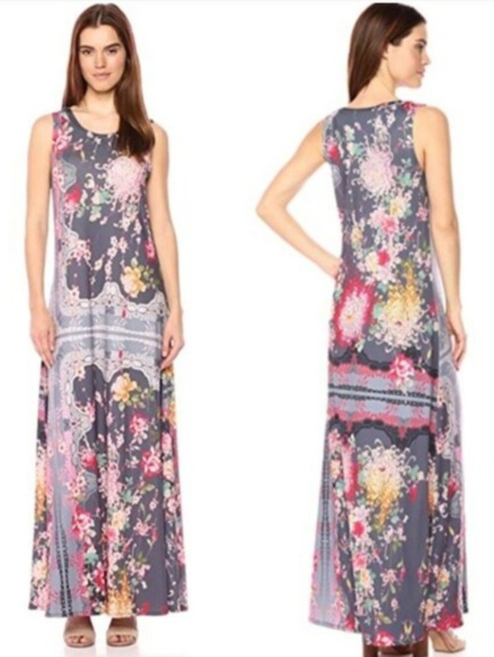 Johnny‎ Was Grey "Greidon" Sleeveless Floral Print Maxi Dress